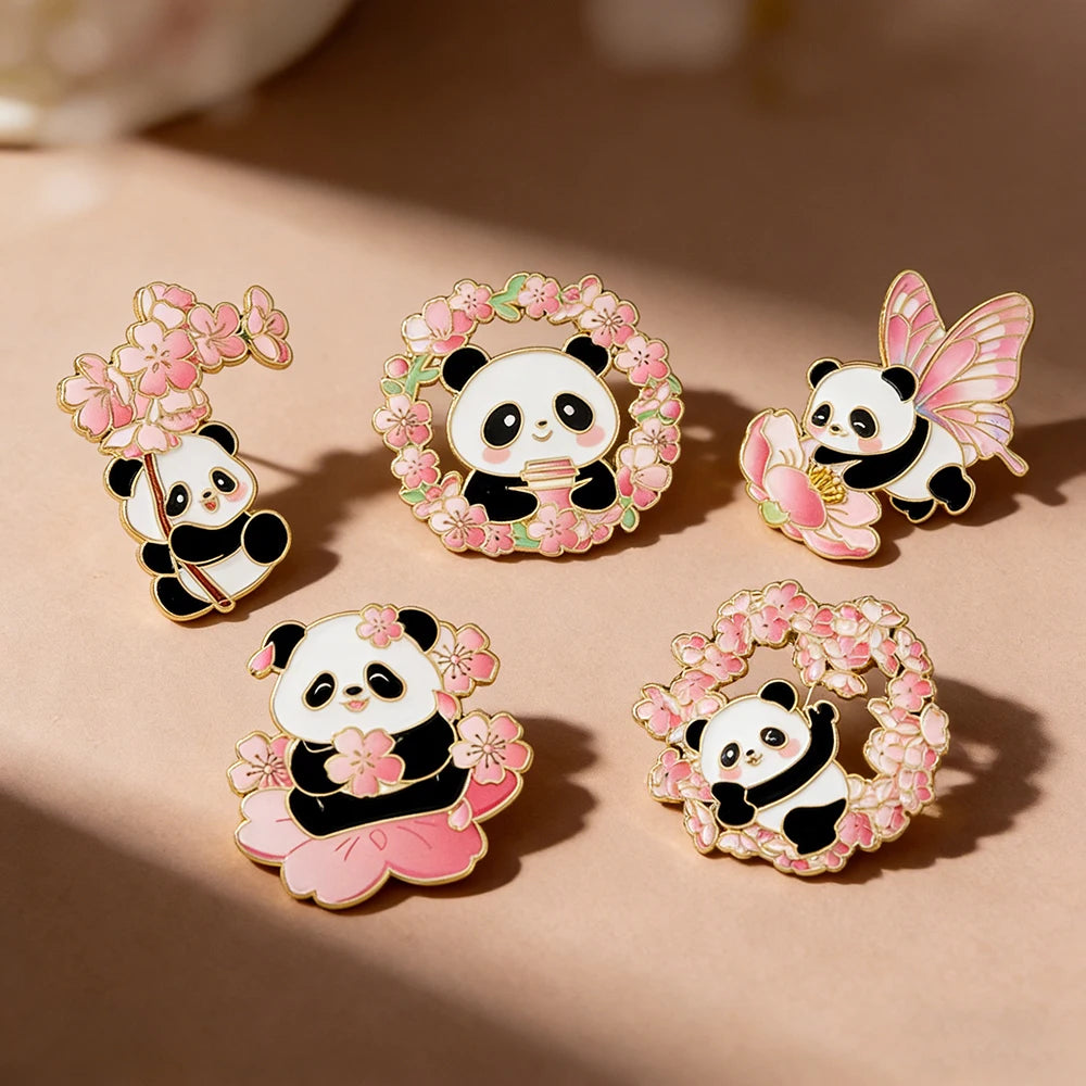 6pcs Cute Cartoon Animal Enamel Brooches - Flower Panda Cherry Blossom & Butterfly Lapel Pins Metal Badges Jewelry Gift Set