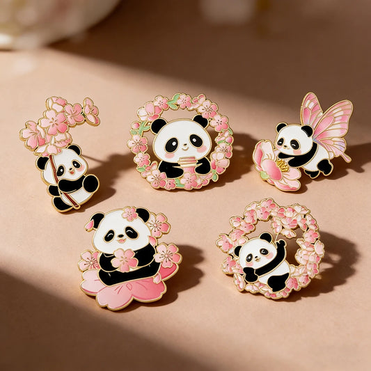 6pcs Cute Cartoon Animal Enamel Brooches - Flower Panda Cherry Blossom & Butterfly Lapel Pins Metal Badges Jewelry Gift Set
