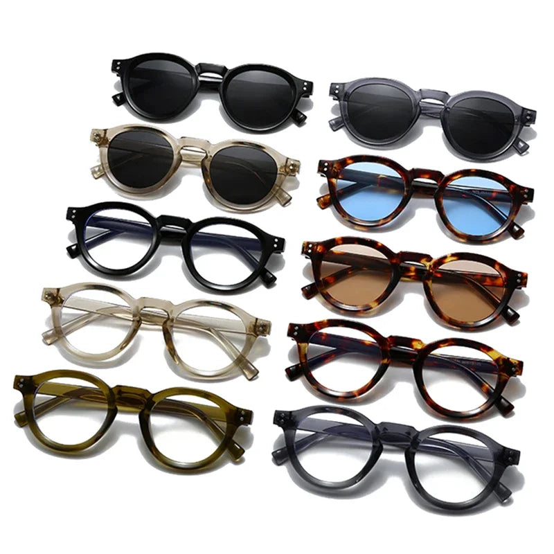 JNPCXI New Fashion Small Round Sunglasses Women Shades Fashion Leopard Blue Lens Men Trending Rivets Frame UV400