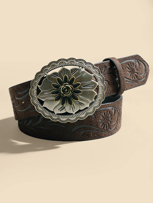 Vintage Flower Metal Buckle Belt Brown Black Embossed Women's Fashion Waistband Retro Decorative Belt