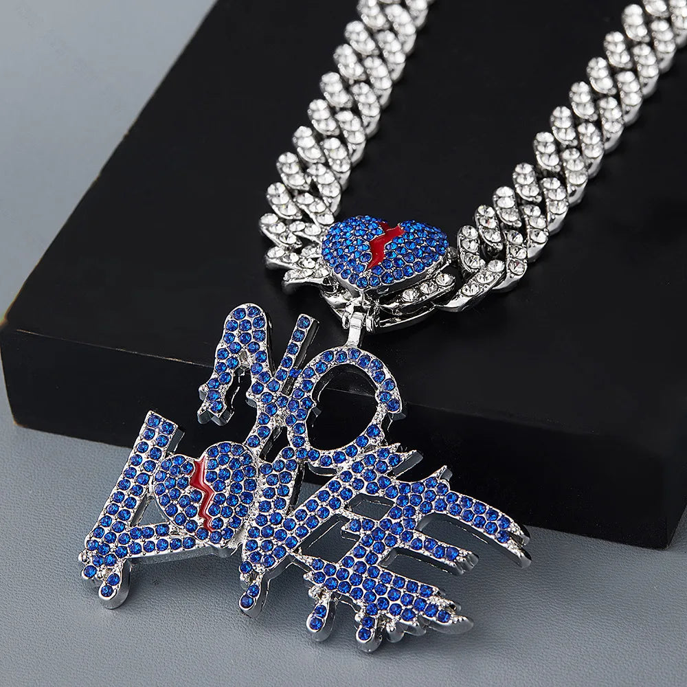 Hip Hop Iced Out Bling Crystal Cuban Chains NO LOVE Necklace Pendants For Men and Women Heart Broke Statement Necklaces Jewelry