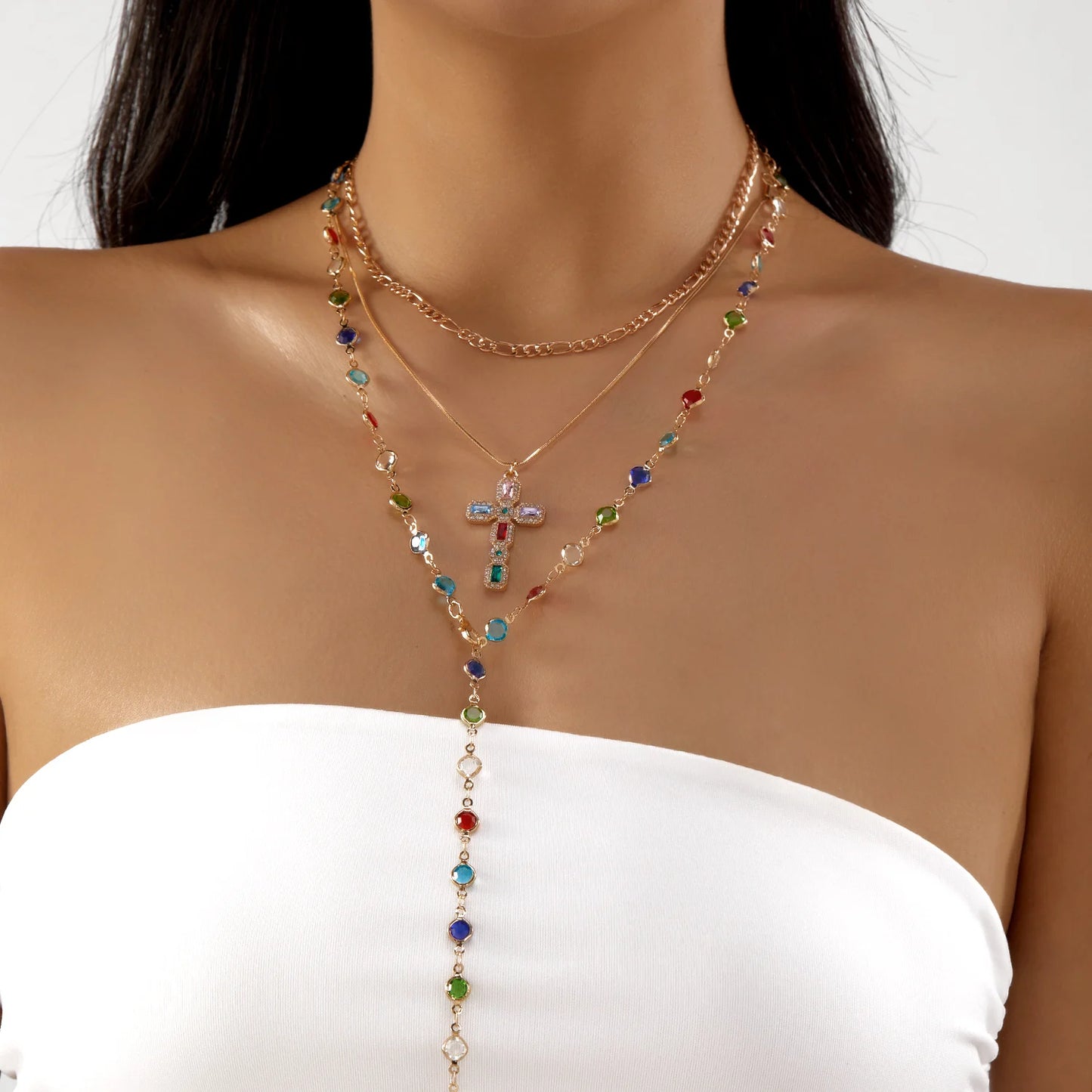 Boho Layered Gold Color Chain Necklace for Women Colorful Crystal Cross Pendant Choker Aesthetics Y2K Trend Jewelry Party Gift