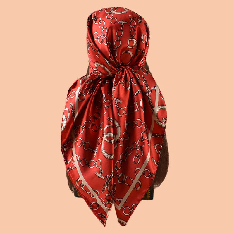 1PCS Ladies Multicolor Chain Pattern Tussah Silk Square Scarf Fashionable Wrap Headscarf for Travel Evening Party
