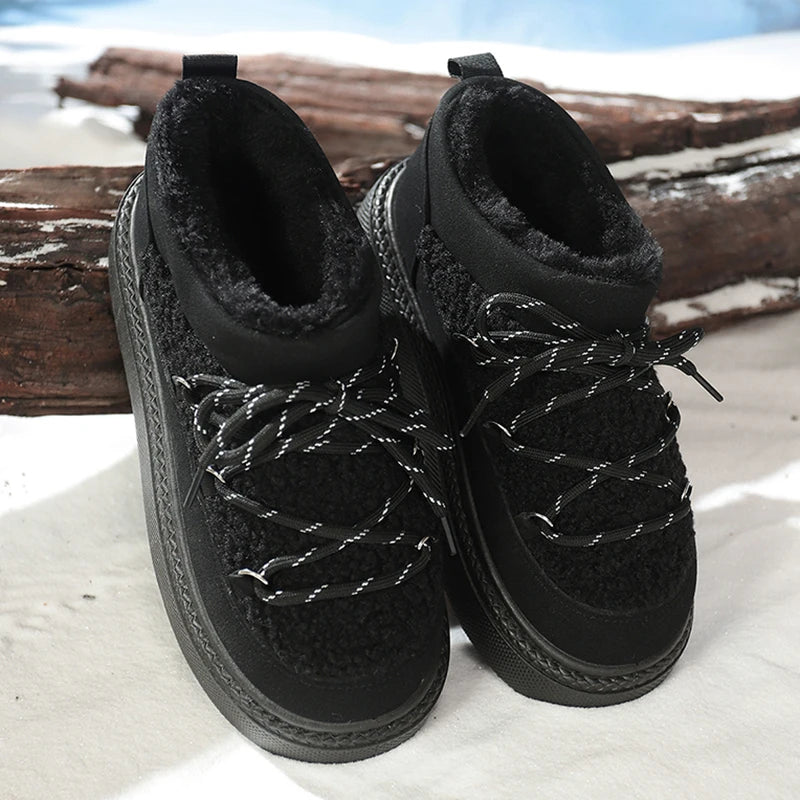 Fashion Lace Up Platform Snow Boots Women 2025 Thicken Plush Warm Winter Boots Woman Thick Sole Non Slip Cotton Padded Shoes