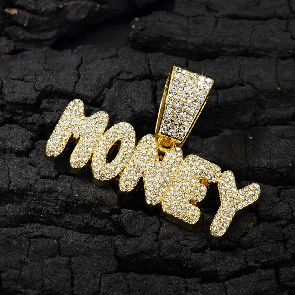 Men Women Hip Hop Bling MONEY Letters Pendant Necklace with Miami Cuban Chain Iced Out Bling HipHop Necklaces Male Charm Jewelry