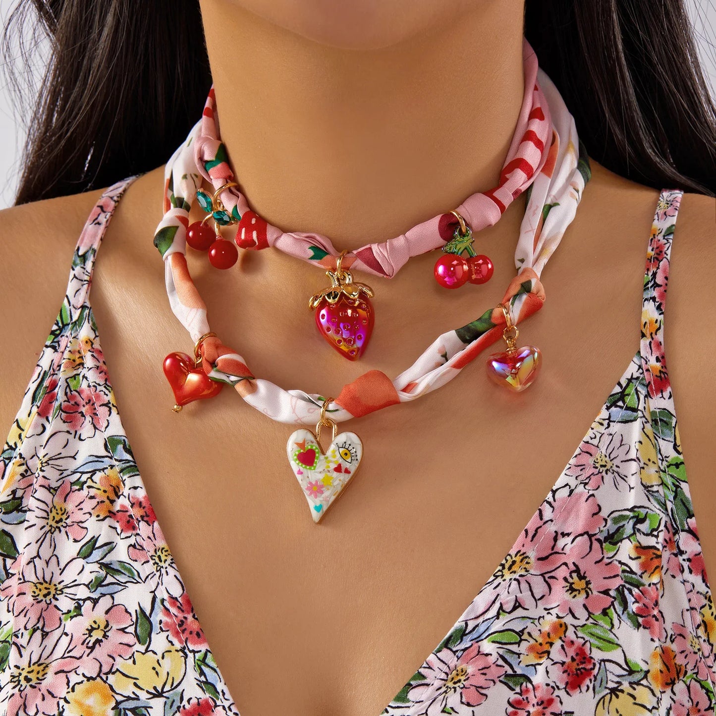 Sweet Cherry Strawberry Bow Heart Pendant Necklace Women's Colorful Ribbon Choker New Trend Neck Chain Jewelry Y2K Accessories