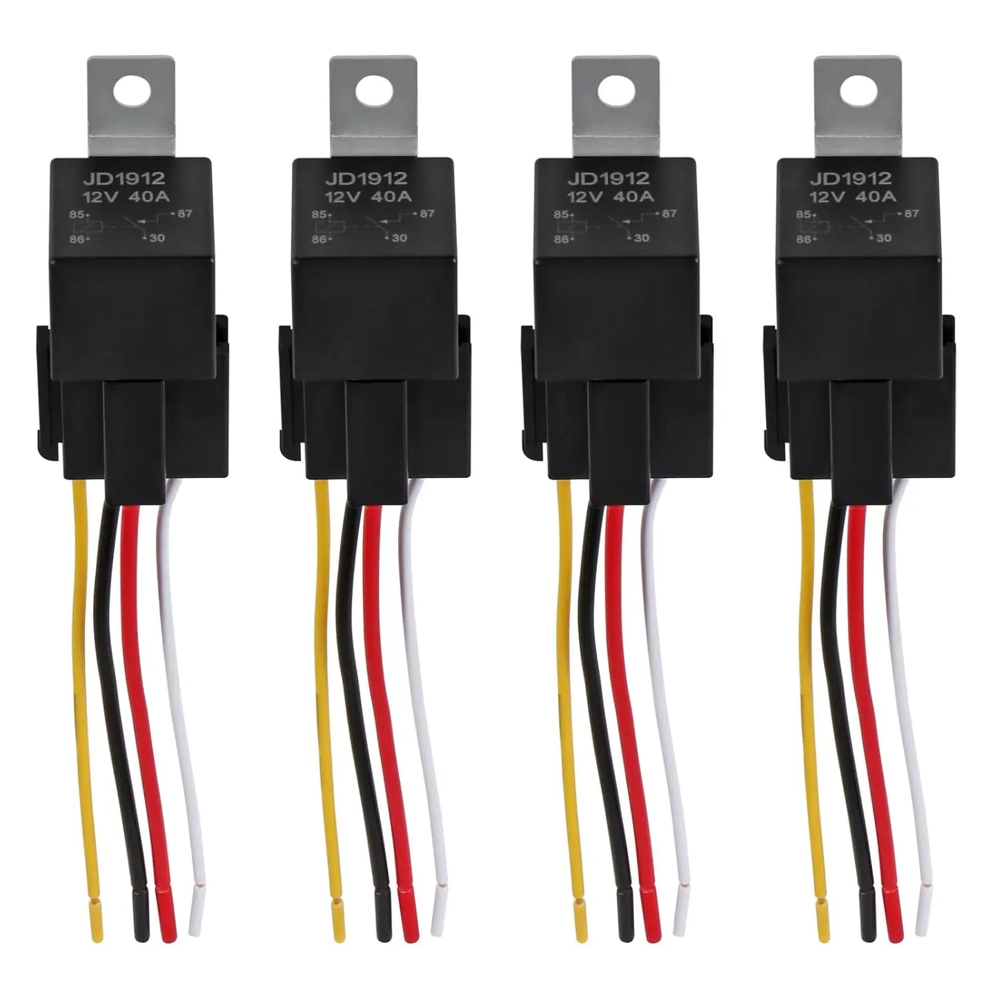 4Pack JD1912 Car Relay Harness 12V 40A 4 Pin SPST 12AWG Harness Sockets with Color-Labeled Wires for Automotive Truck Van Motorc