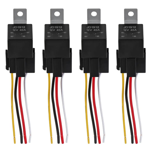 4Pack JD1912 Car Relay Harness 12V 40A 4 Pin SPST 12AWG Harness Sockets with Color-Labeled Wires for Automotive Truck Van Motorc