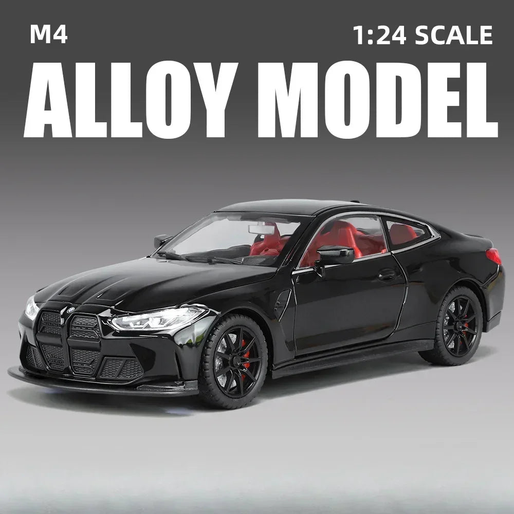 Scale 1/24 M4 Car Model Toy Diecast Alloy Vehicle 4 Doors Opened Metal Body Rubber Tire Sound Light Pull Back Toys Gift for Kids