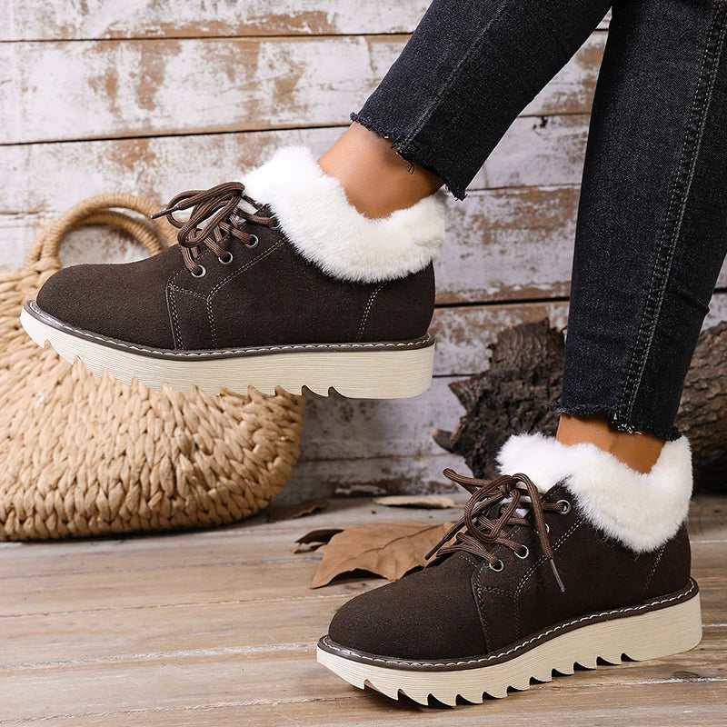 Faux Fur Non Slip Sole Snow Boots Women Autumn Winter Suede Lace Up Plush Sneakers Woman Warm Thick Sole Cotton Padded Shoes 43