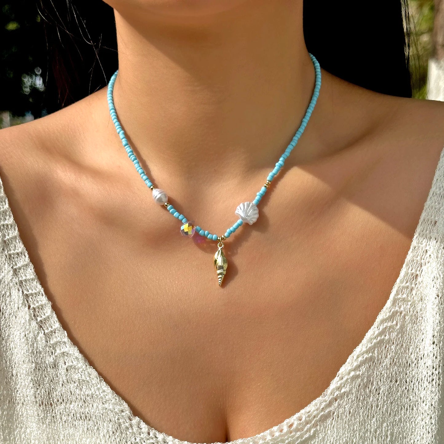 Charming Ceramic Fish Conch Starfish Pendant Necklace for Women Boho Colorful Acrylic Beads Choker Necklace Summer Beach Jewelry
