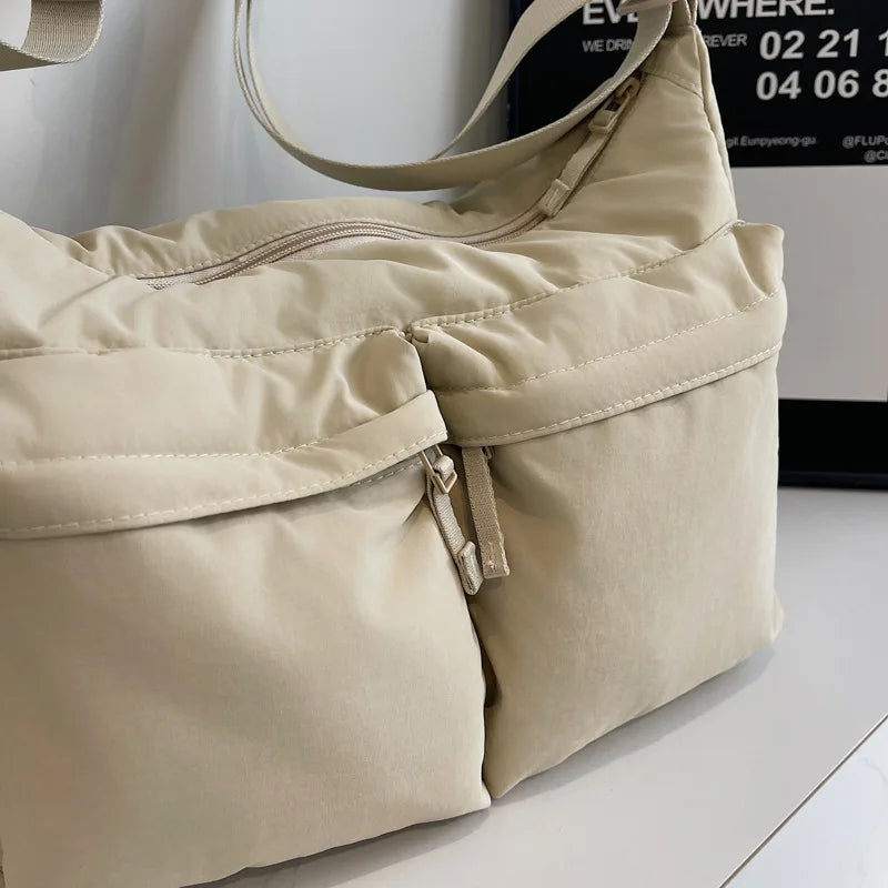 White Casual Work Style Waterproof Nylon Crossbody Shoulder Bag W/Large Capacity