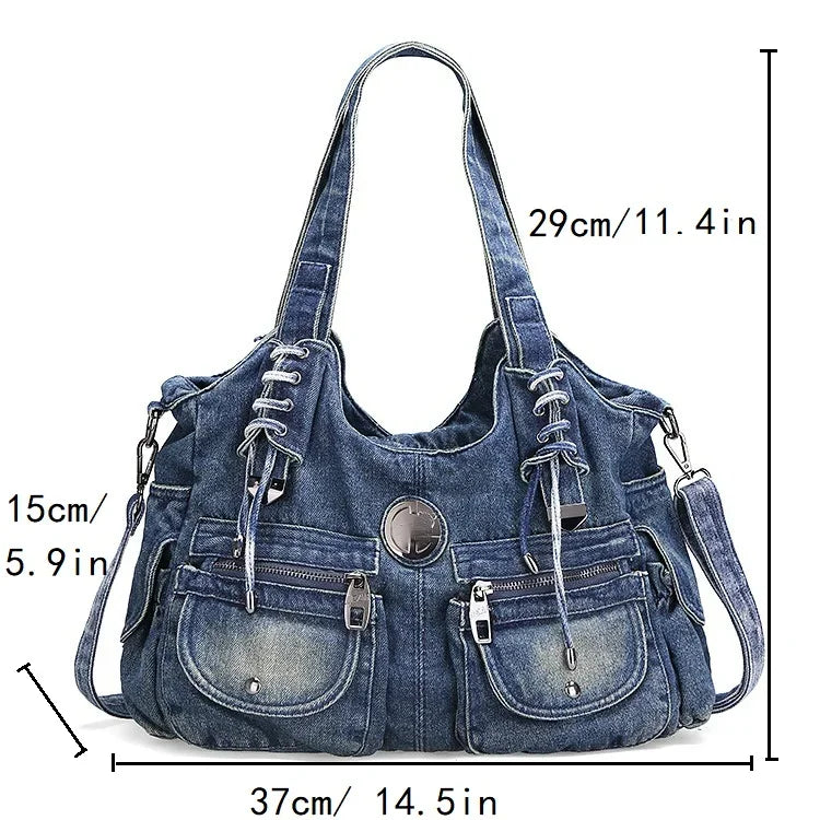 Casual Hobo Denim Bag Women Shoulder Bag Jeans Multiple Pockets Tote Handbag