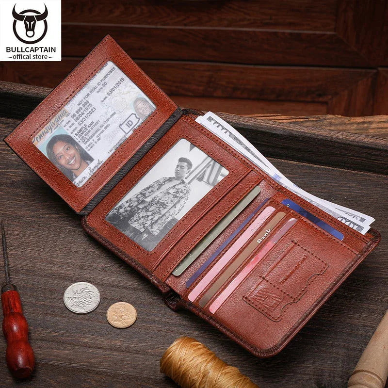BULLCAPTAIN Men's Genuine Leather Wallet Casual Retro Cash Clip RFID Antimagnetic Multi-Card Slot Cowhide Coin Purse