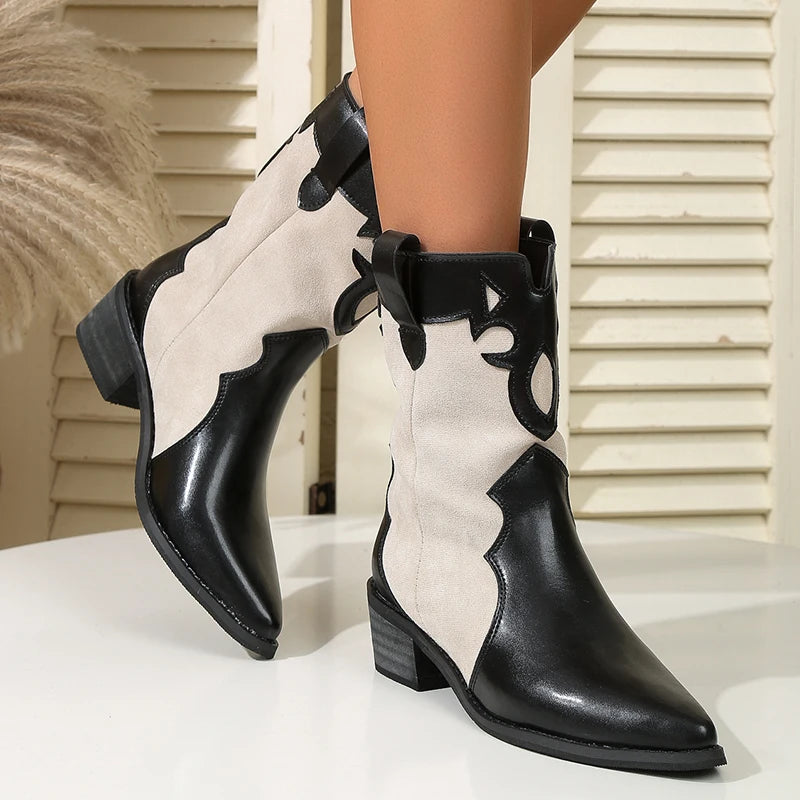 British Style Pointed Toe Ankle Boots Women 2025 Fashion Thick Heels Western Boots Woman Patchwork Slip On Cowboy Booties Mujer