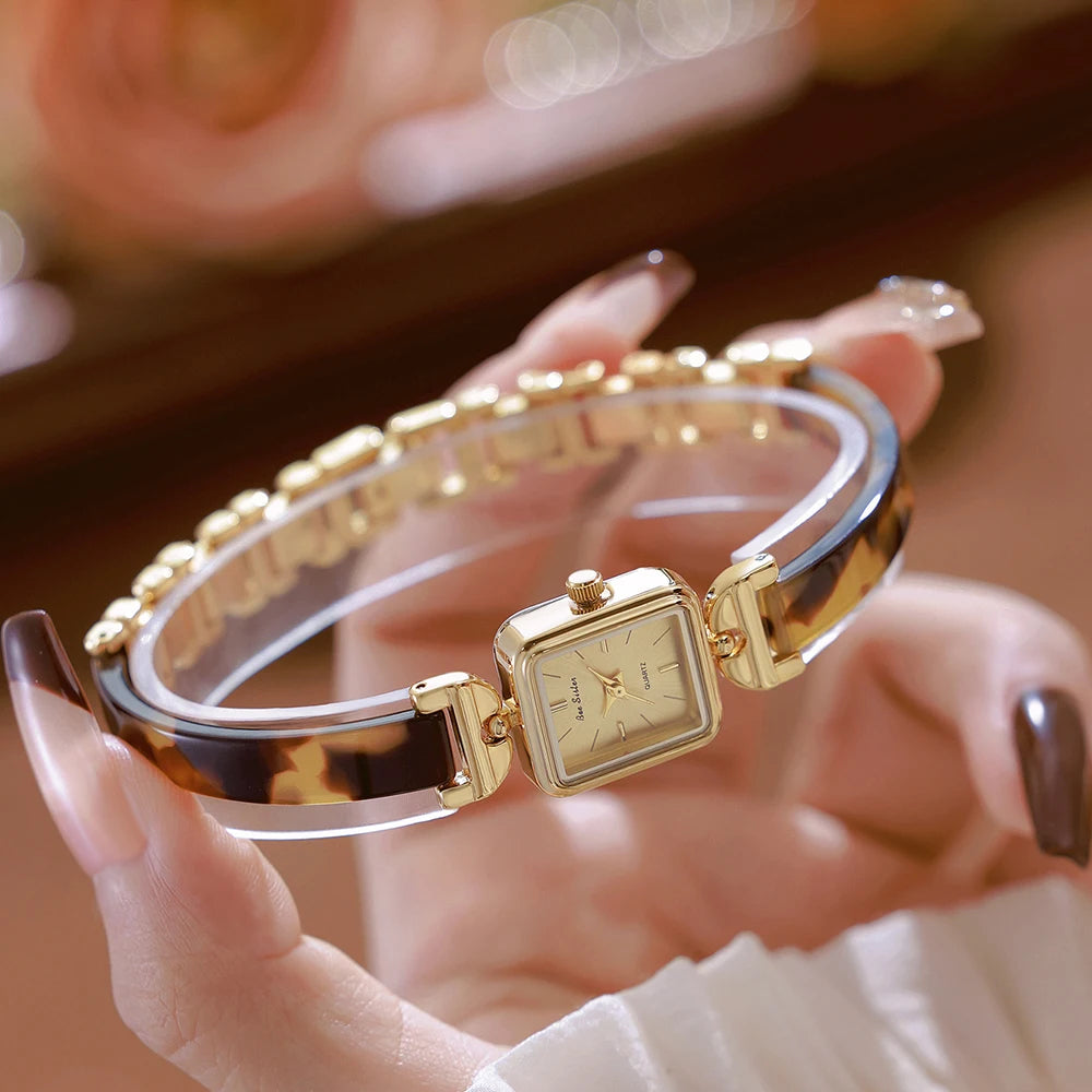Bee Sister Ladies Watches New 2025 Luxury Tortoiseshell Amber Watches For Woman Vintage Bracelet Wristwatch Square