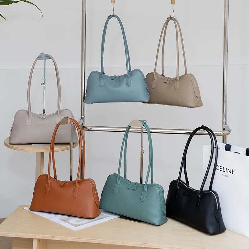 Genuine Cowhide Leather Large Baguette Shoulder Bag for Women Daily Office Pebbled Leather Hobo Tote Bag with Zipper Closure