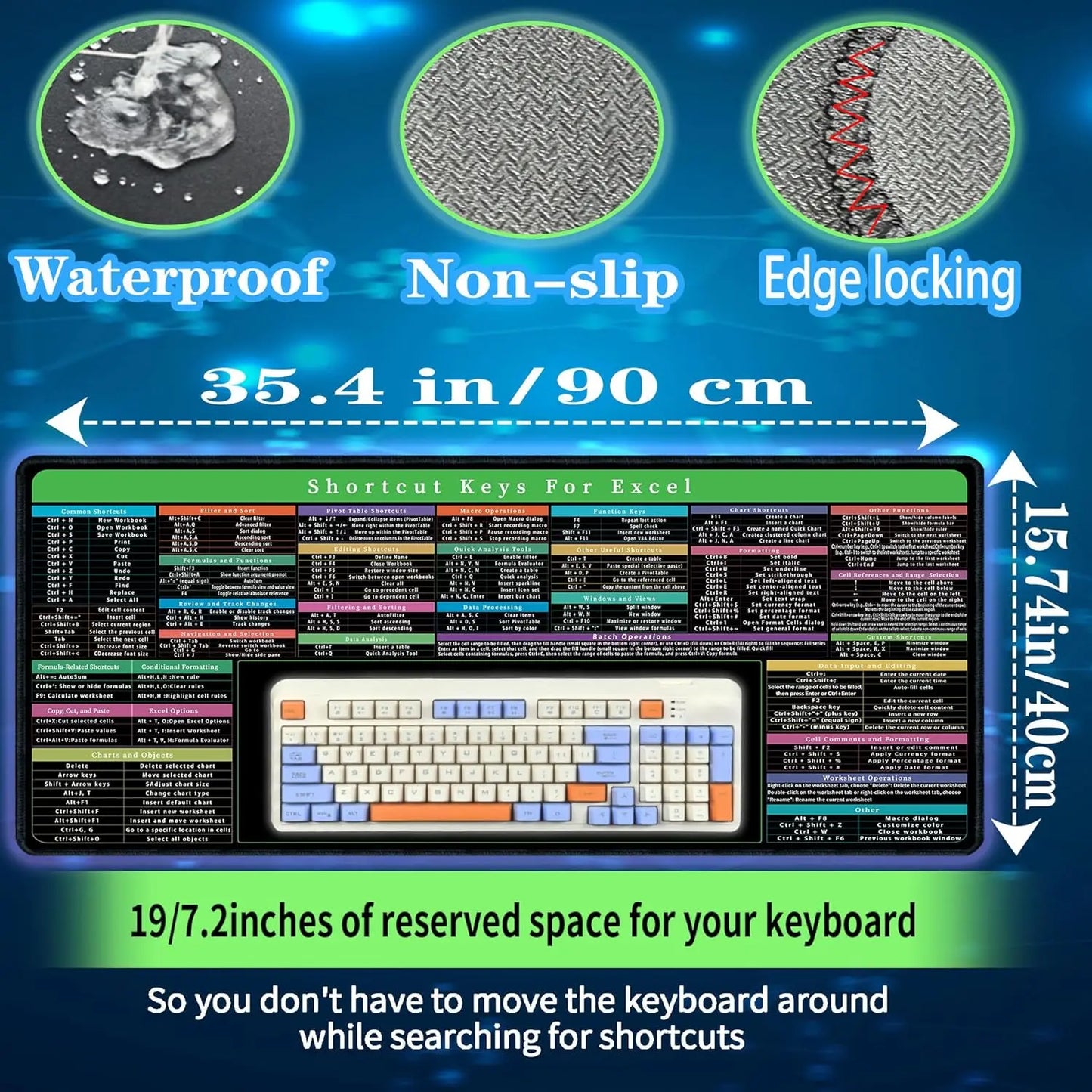 Excel Mouse pad,Computer Desk Accessories Over 150 Shortcut Keys,Non-Slip&Waterproof Desk mat,Large Excel Shortcut Mousepad