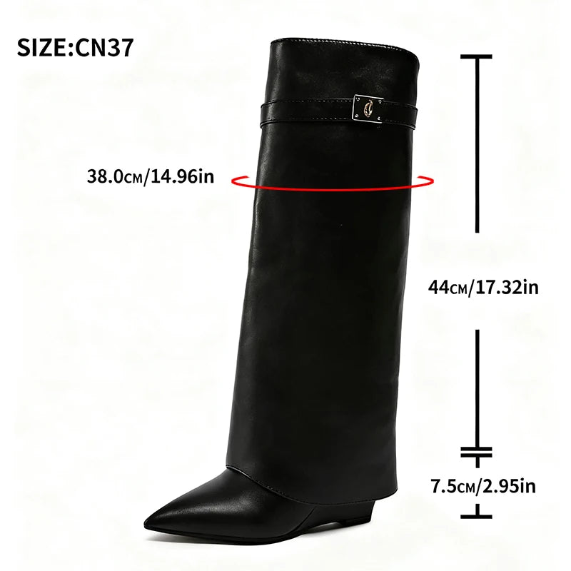 Black Pu Leather Knee High Boots Women Sexy Pointed Toe Straight Leg Boots Woman Punk Style Wedge High Heels Long Botas Mujer