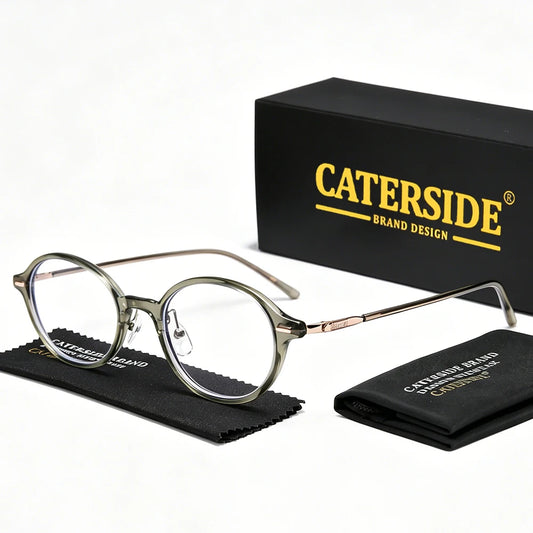 CATERSIDE Vintage Men's Flat Lens Premium Tr-90 Round Small Frame Glasses Holder Women's Outdoor Business Festival Gift Glasses