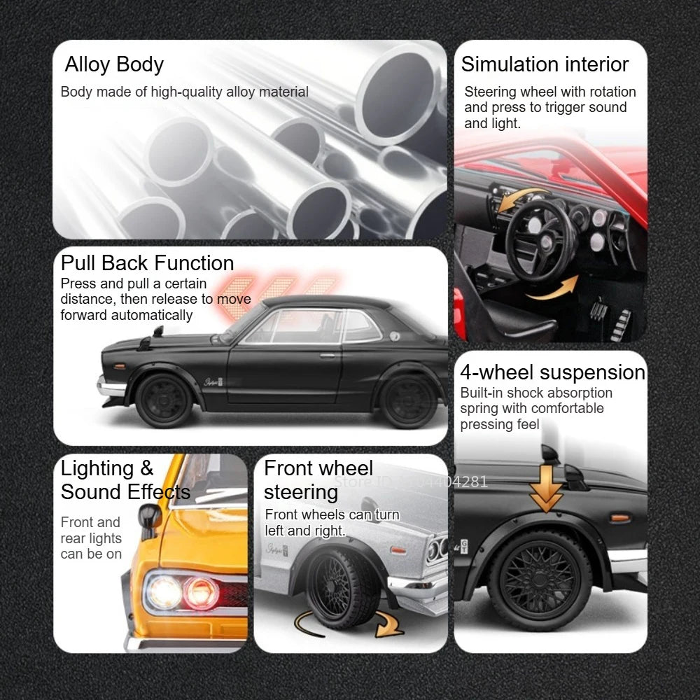 1:24 Skyline GTR R34 Car Model Alloy Diecast Toy Doors Opened Front Wheel Steering Sound Light Pull Back Cars Boys' Collectibles