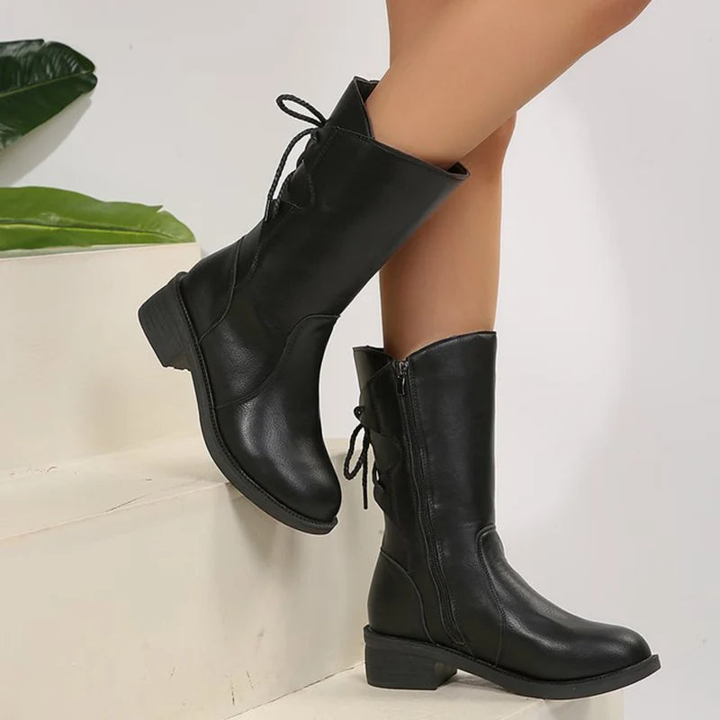 Lace Up Decor Thick Heel Mid Calf Boots Women Fashion Plus Size 43 Zipper Pu Leather Boots Woman Med Heel Autumn Winter Botas