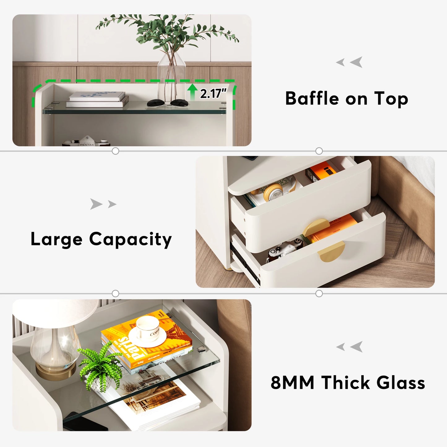 Tribesigns Nightstands, 2-Drawer Modern End Table, Tempered Glasses Wood Table