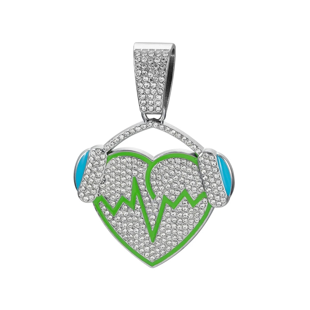 Hip Hop Full Rhinestones Cuban Chain Bling Iced Out Heart with Headphones Pendant Necklaces for Men Rapper Jewelry Drop Shipping