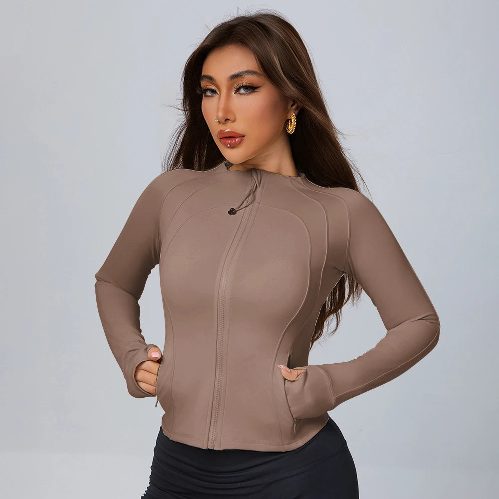 Autumn/Winter Yoga Wear Full-Zip Running Sports Jacket Lightweight Athletic Slim Fit with Thumb Holes