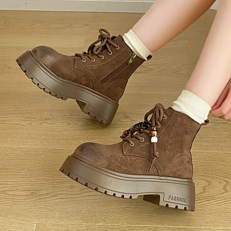 Vintage Chunky Platform Ankle Boots Women Autumn Winter Thick Sole Lace Up Boots Woman 2025 Anti Slip Zipper Short Booties Mujer