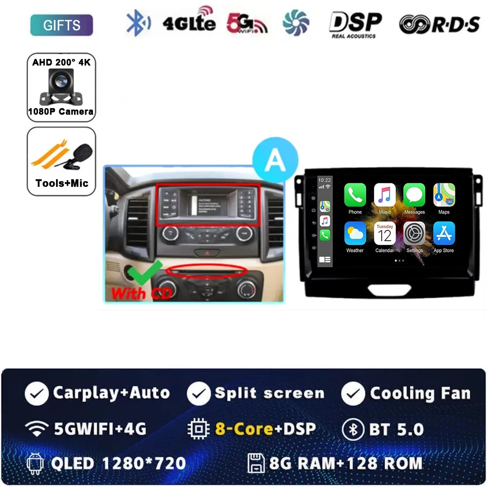 For Ford Ranger 2015 2016 2017 2018 2019-2022 Android 16 Car Radio Stereo QLED Screen GPS Multimedia Carplay Autoradio Head unit