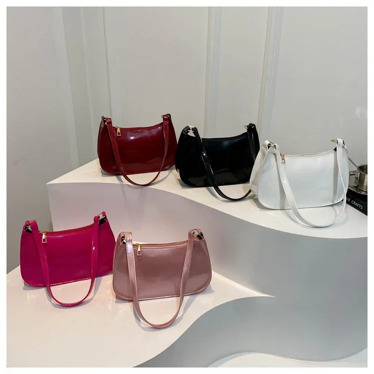 Women's Pink Patent Leather Versatile Shoulder Casual Bag Zipper Handbags