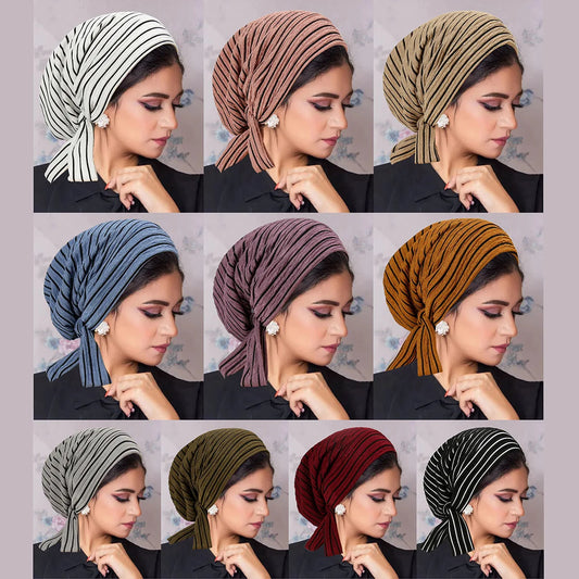 2024 New Trendy Stripe Turban Cap Women Muslim Hijab Islamic Chemo Cap Head Scarf Ladies Head Wrap Cover Hijab Scarf