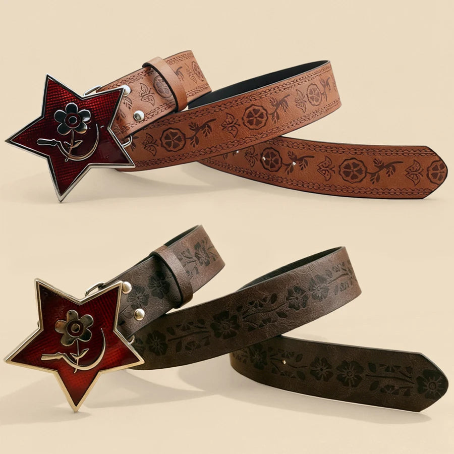 Western Cowboy Style Vintage Casual Belt - Horse Carved Buckle & Bohemian Print, Perfect for Daily Commute & Dating Outfits
