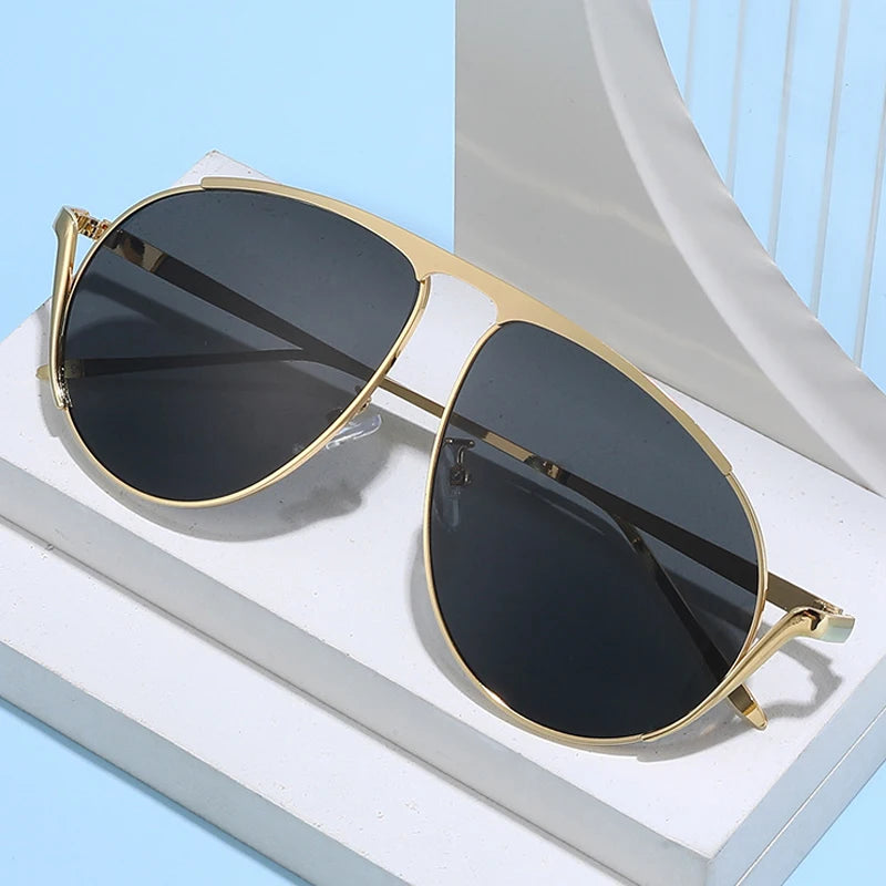 JNPCXI New Retro Metal Pilot Women Sunglasses Fashion Oversized Men Shades UV400 Black Tea Sun Glasses