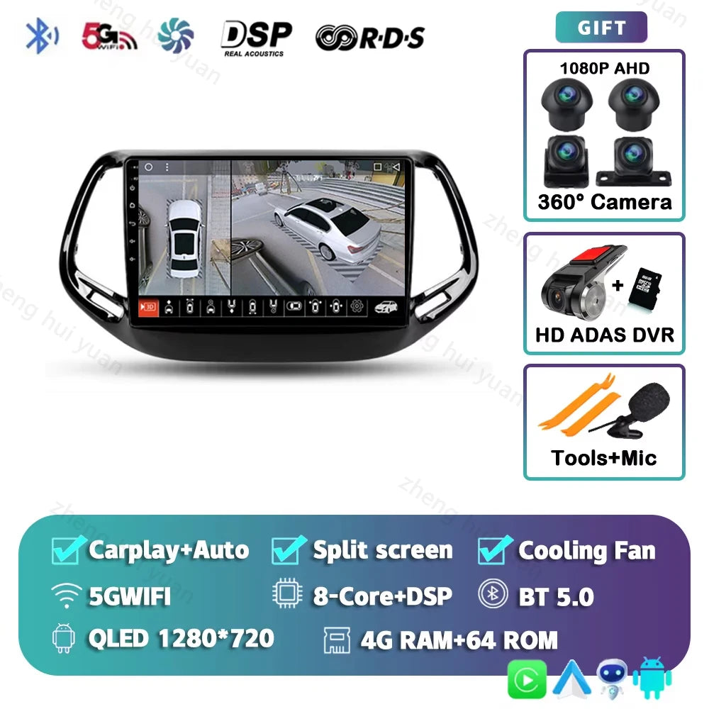2K QLED For Jeep Compass 2 MP 2016 - 2018 Android 15 CarPlay Auto Car Radio Multimedia Video Player GPS stereo Head Unit 4G WIFI