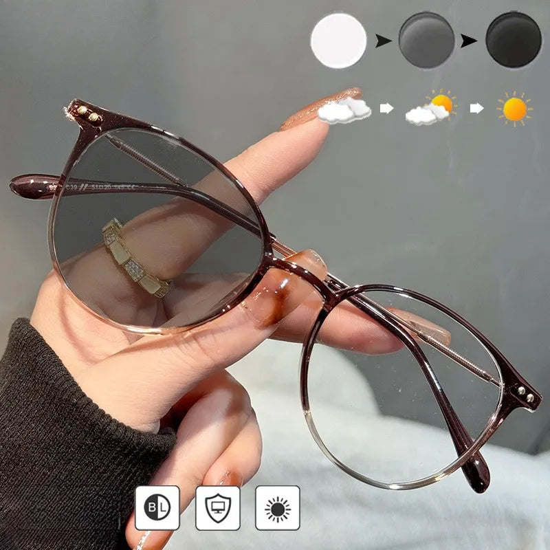 Photochromic Outdoor Fashion Glasses  Unisex Stylish Round Frame with Metal Hinges Transition Lenses for Indoor & Outdoor Use