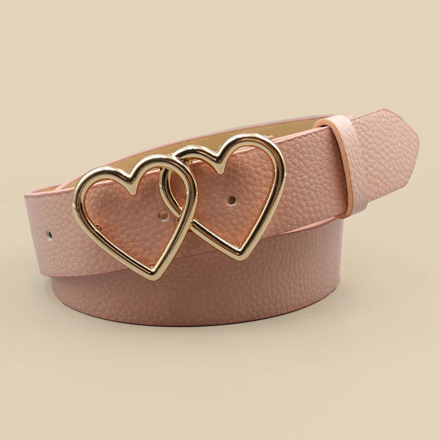 Y2K Millennium Trendy Pink & White Pu Versatile Belt, Dual Heart-Shaped Metal Buckle, Fits Jeans/Skirts/Casual Pants