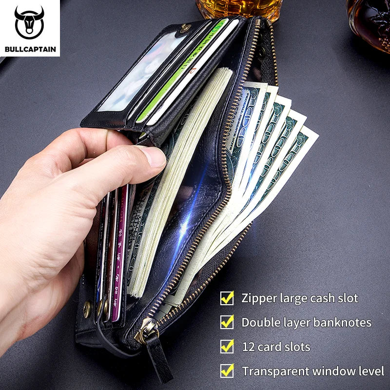 BULLCAPTAIN2022 Vertical Men's Leather Coin Purse High Quality Zipper Organizer RFID Function ID Holder Men's Wallet 058 S