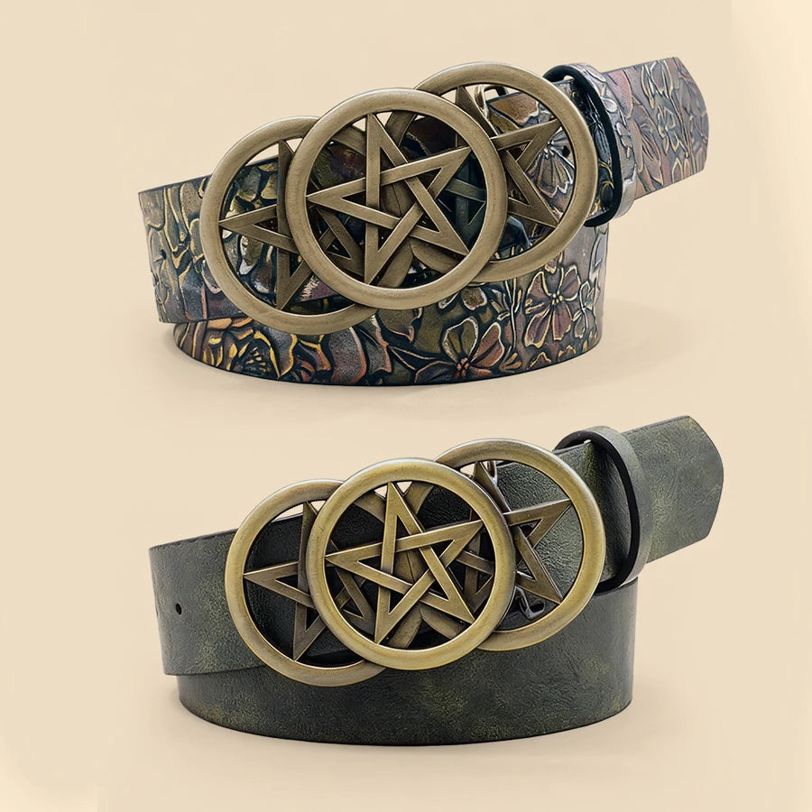 Gothic Pentagram Belt Women Vintage Metal Buckle Two-Tone Embossed Waist Cinch Fashion Accessory