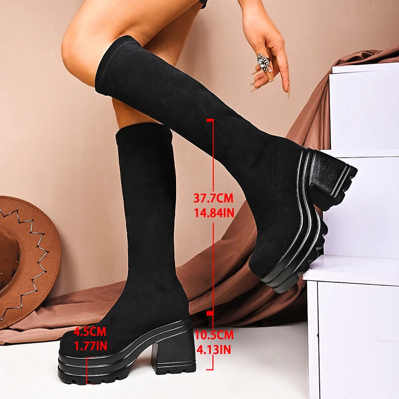 New Women's Chunky Platform Knee-High Boots Thick High Heels Punk Long Boots Woman Plus Size Slim Stretch Autumn Winter Boots