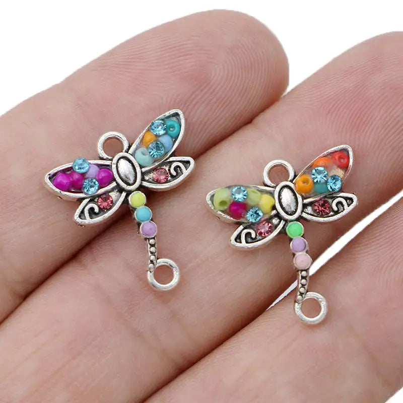 10Pcs Silver Plated Crystal Dragonfly Charm Connector for Making Bracelet DIY Findings Jewelry Accessories Handmade Craft