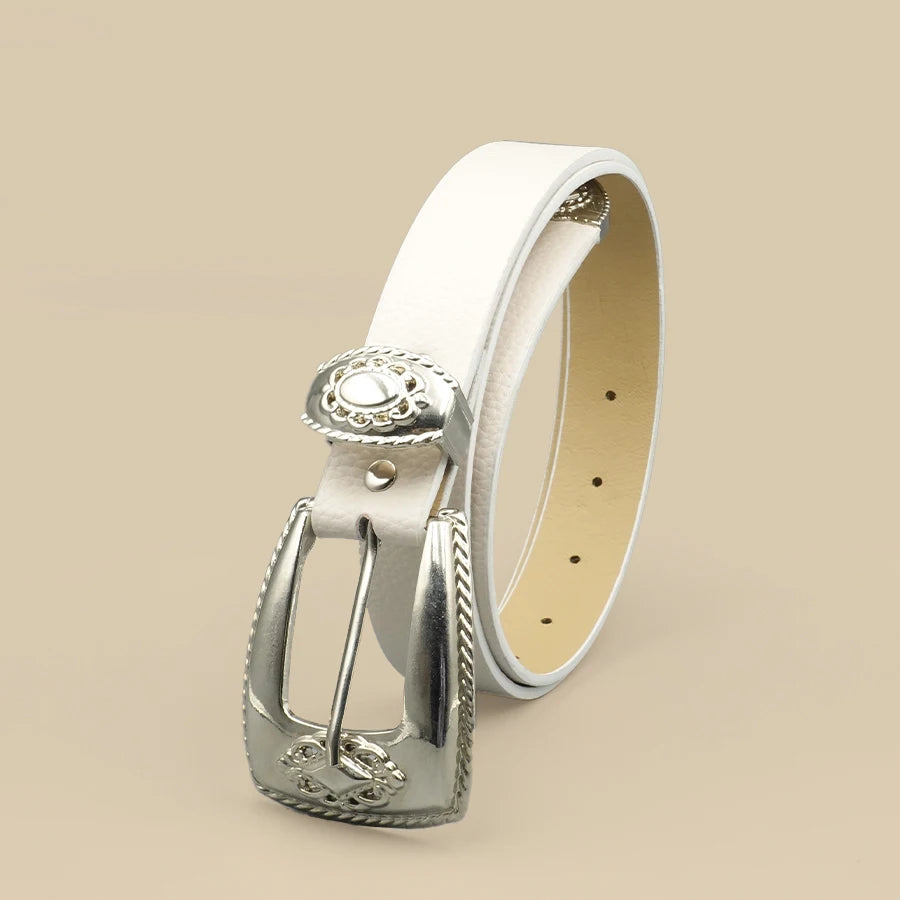 White Border Women's Belt Solid Color Casual Daily Belt Silver Carved Alloy Buckle Daily Commuting Date Fashion Accessories