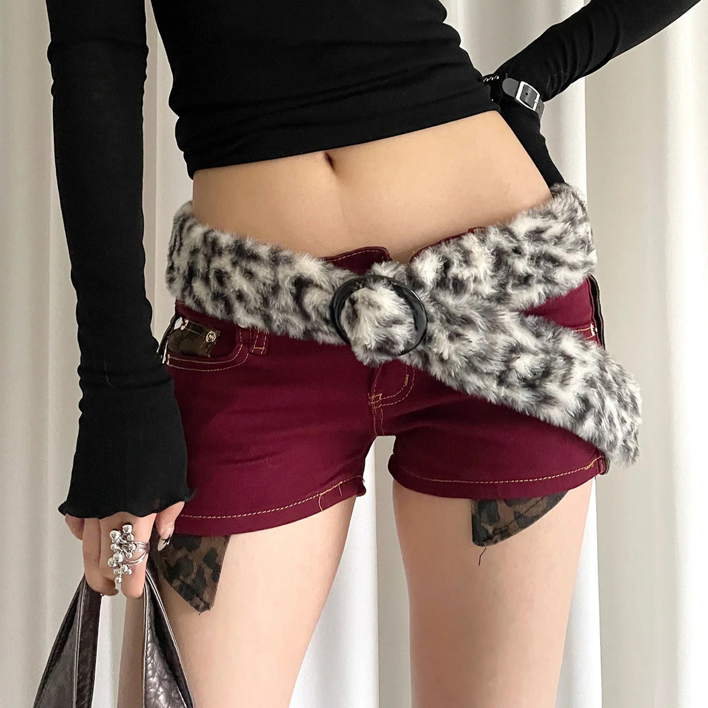 Fringe Design Leopard Print Faux Fur Belt Sexy Autumn And Winter Subculture Fluffy Accessories Post-Apocalyptic Style Belt