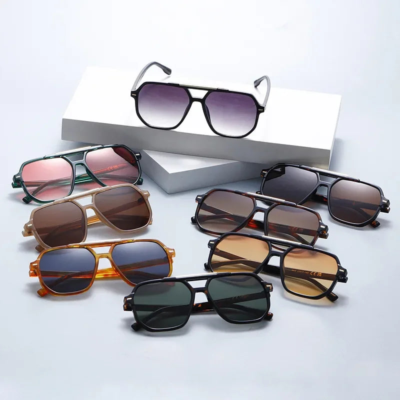 JNPCXI New Retro Double Bridges Square Women Sunglasses Fashion Green Pink Gradient Shades UV400 Men Rivets Sun Glasses