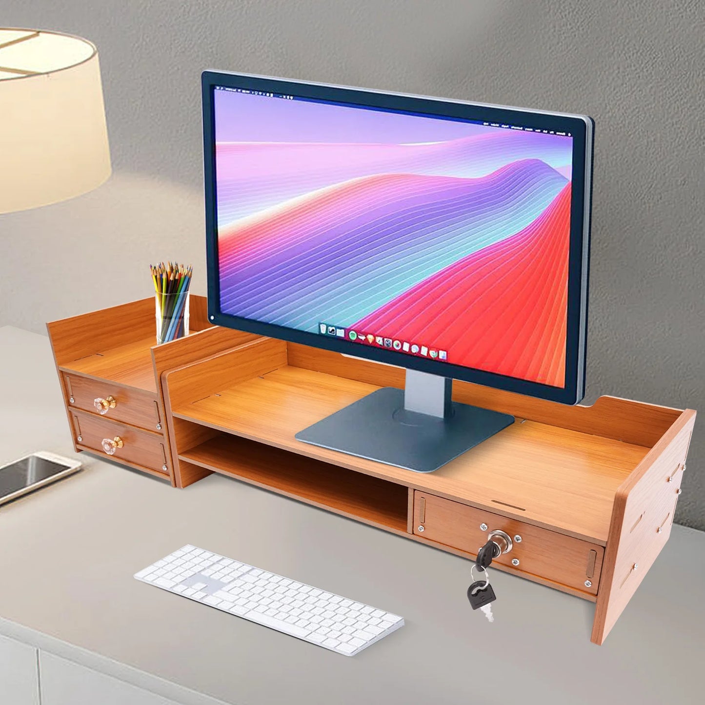 Wood Monitor Stand Riser Computer w/Drawer & Lock, Home Laptop Desktop Organizer