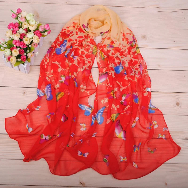 New Yiwu Colorful Little Butterfly Women's Printed Chiffon Long Scarves Wholesale Spring and Summer Printed Scarves