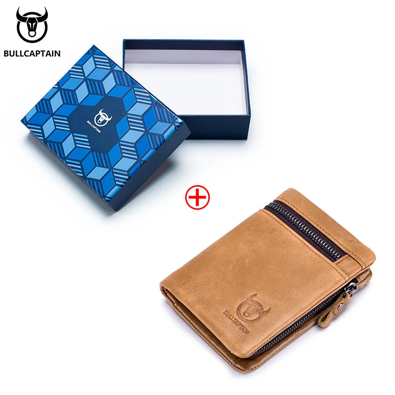 BULLCAPTAIN Short Tri-Fold Buckle Zipper Wallet Men's Cow Leather Wallet Coin Purse Money Bag Business Card Holder RFID Holder