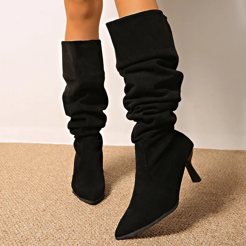 Vintage Thin High Heel Knee High Boots Women 2025 Sexy Pointed Toe Long Black Boots Woman Slip On Pleated Faux Suede Botas Mujer