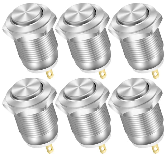 6/12pcs 12mm Momentary Push Button Switch 12V Waterproof Power Pushbutton Small Round Chrome Stainless Metal 2pin N/O